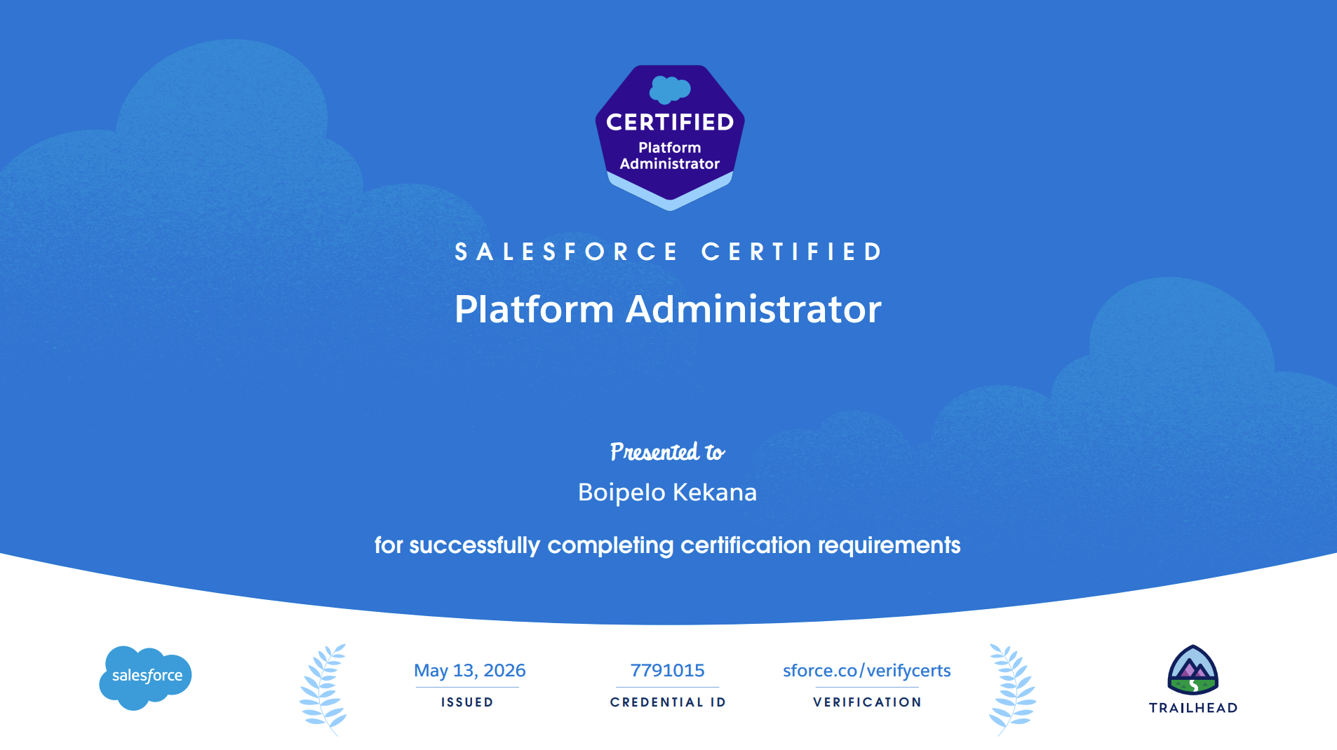 Salesforce Certified Administrator certificate awarded to Boipelo Kekana