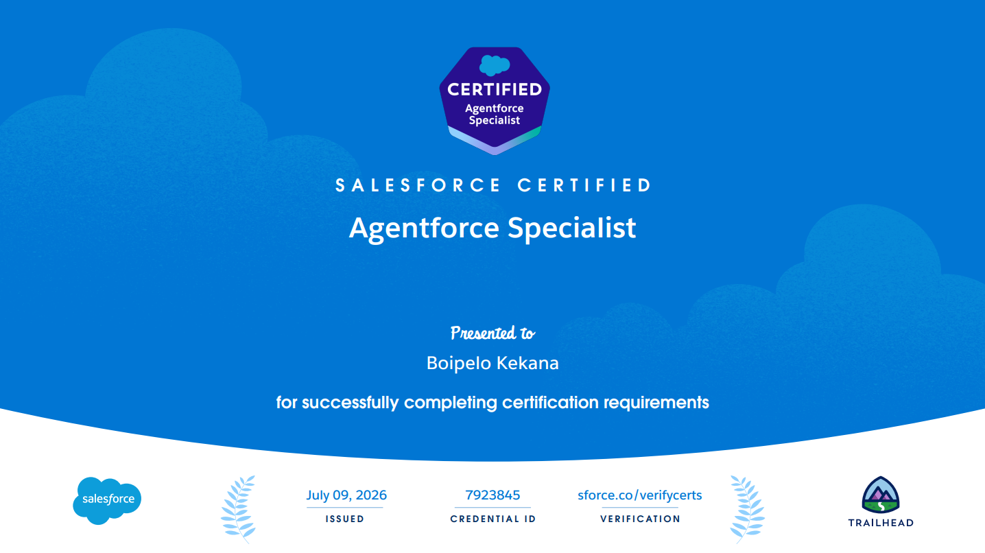 Salesforce Certified Agentforce Specialist certificate awarded to Boipelo Kekana